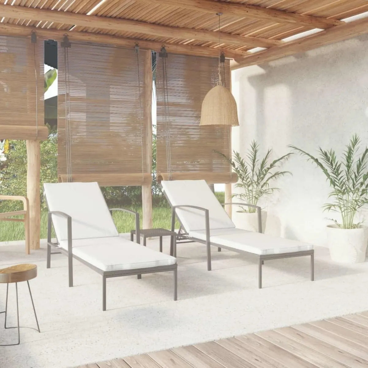 Set de 2 tumbonas reclinables de ratán sintético con mesa auxiliar, ideal para jardín, terraza y piscina, incluye cojines