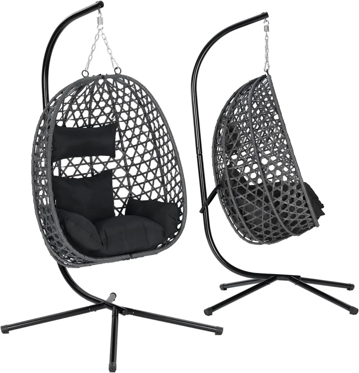 WOLTU Silla Colgante de Ratán Sintético, Hammaca con Cojín, Estructura Metálica para Jardines y Terrazas, Soporta 150 kg
