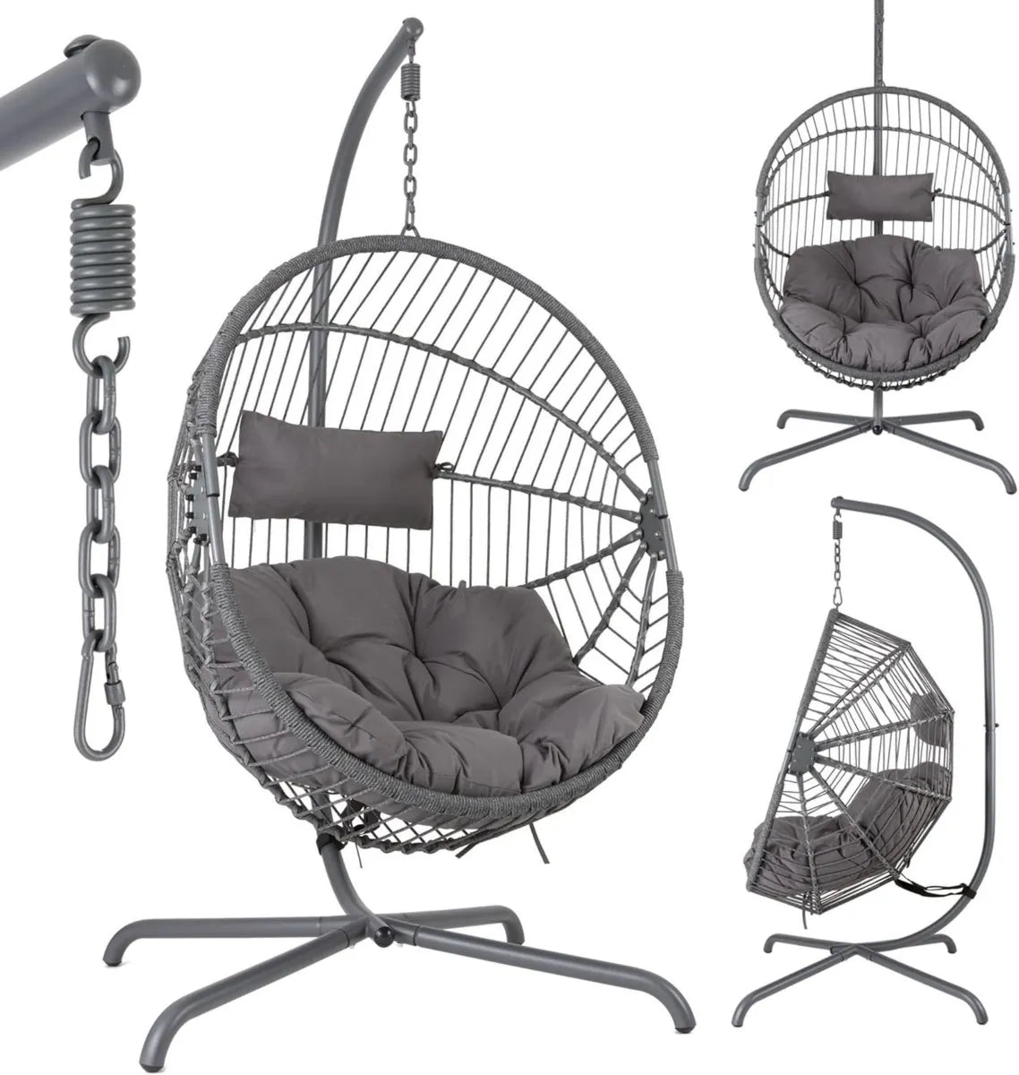 Silla Colgante de Jardín Arebos con Estructura de Acero, Ajustable 160-180cm, Incluye Cojines, Color Gris