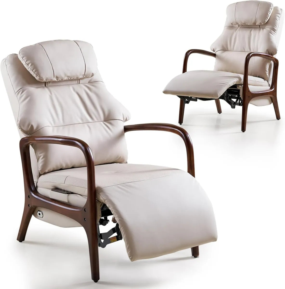 Sillón Reclinable Eléctrico Beige con Reposabrazos de Madera y Soporte Lumbar