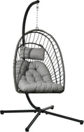 Silla Colgante de Ratán con Cojín y Estructura de Acero para Interiores y Exteriores, Soporta 100 kg, Gris Oscuro