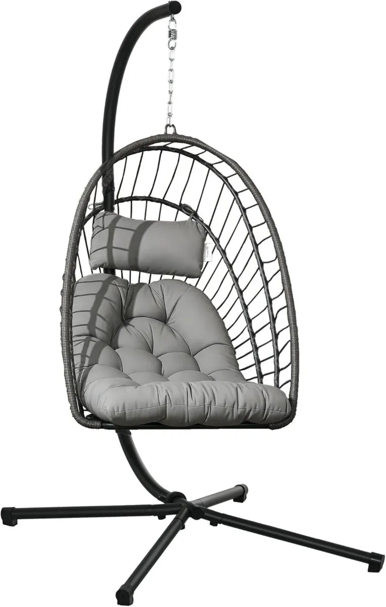 Silla Colgante de Ratán con Cojín y Estructura de Acero para Interiores y Exteriores, Soporta 100 kg, Gris Oscuro