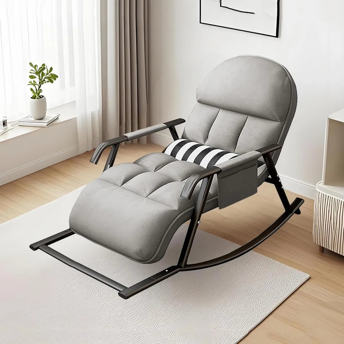 Sillón Mecedora de Lactancia Ajustable con Respaldo y Reposapiés, Ideal para Dormitorio y Balcón, Estructura Metálica, Color Gris