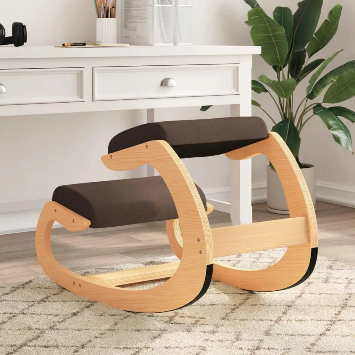 Silla ergonómica de balanceo con acolchado de espuma, madera de abedul marrón, 55 x 84 x 55 cm, ideal para oficina y hogar