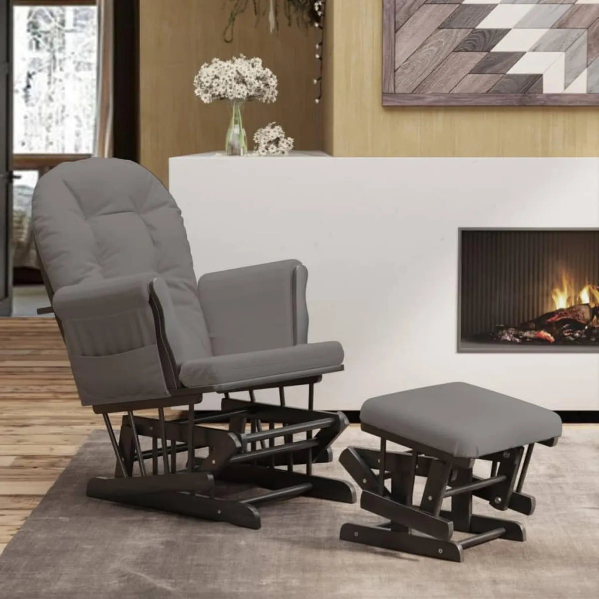 Sillón Balancín de Tela Gris Oscuro con Reposapiés y Reposabrazos, Ideal para Salón y Rincón de Lectura