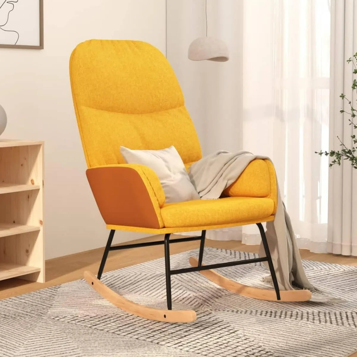 Sillón Balancín Moderno en Tela Amarilla Mostaza, Madera y Metal, Ideal para Relax y Cuidado de la Espalda