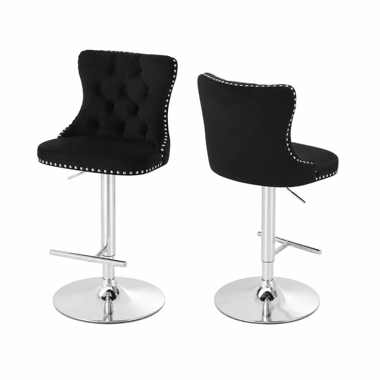 Taburetes de terciopelo negro con base de metal cromado