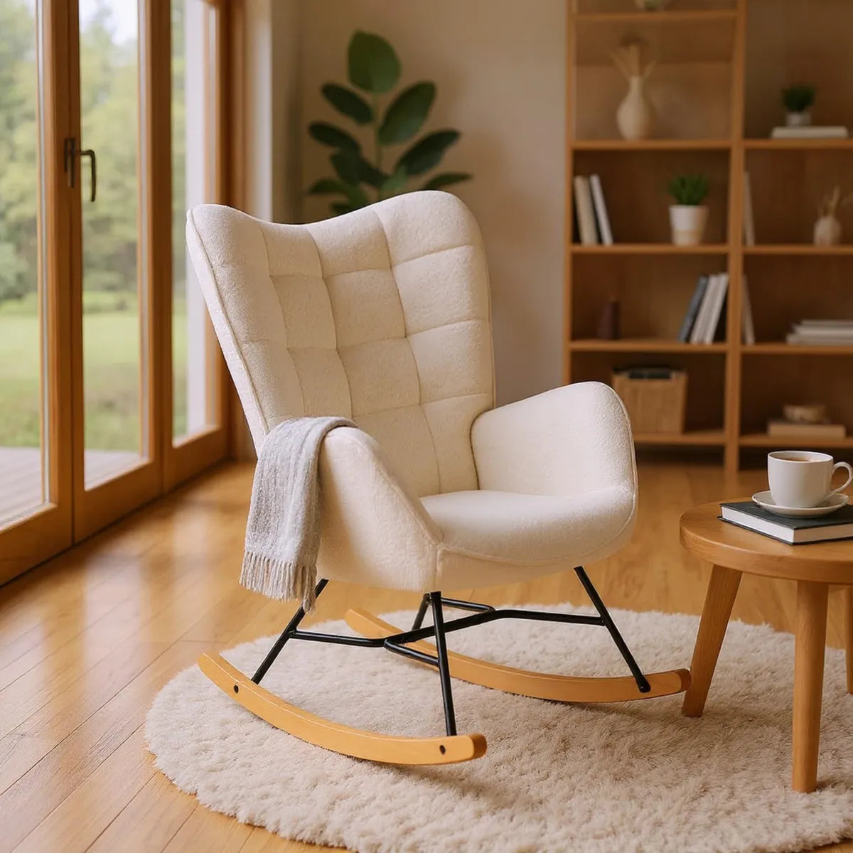 Sillón Relax Mecedora de Tela Gris con Patas de Madera y Metal para Salón