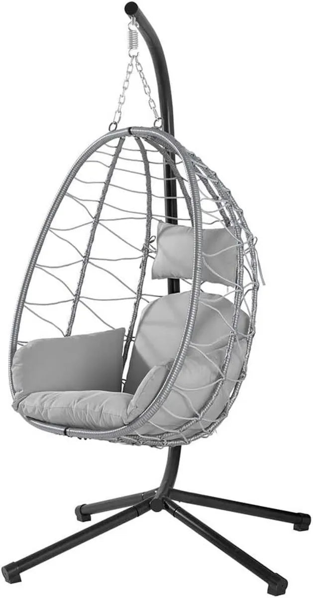 Silla Colgante de Jardín con Cojín y Reposacabezas, Estructura de Metal, Nido de Ratán, 198x110x95 cm (Gris)