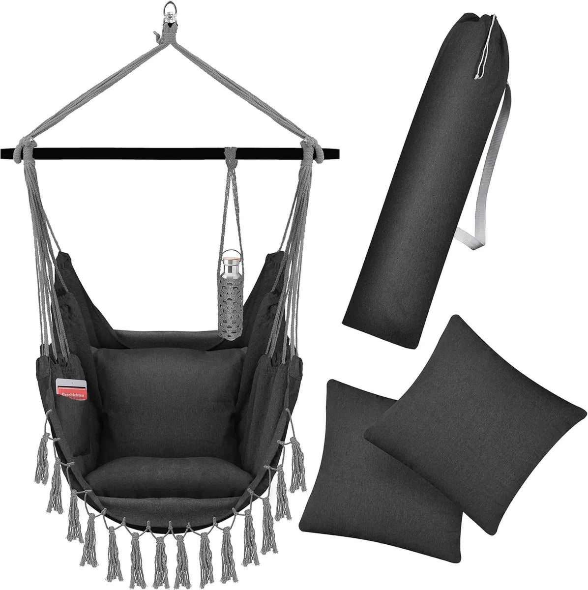 Hamaca Colgante XXL con Cojines y Soporte de Bebidas, Capacidad 150 kg, para Interior y Exterior, Antracita