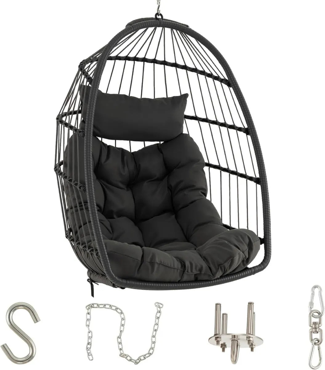 Silla Colgante de Huevo Plegable con Cojín Suave para Interior y Exterior, Capacidad 150 kg
