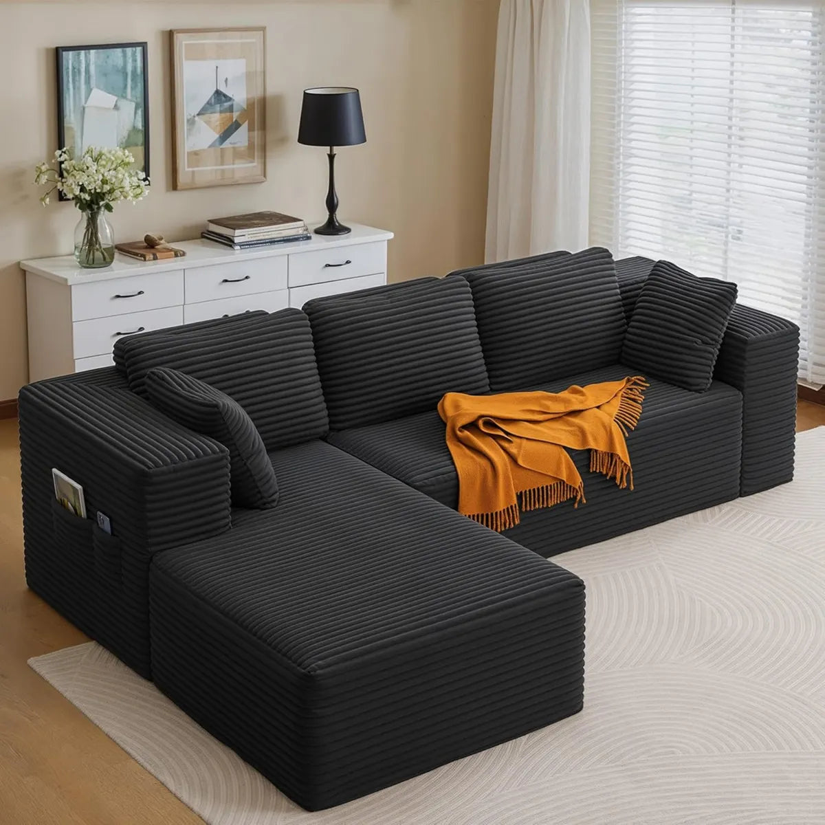 Sofá Esquinero Modular en L de Tela de Pana, con Chaise Longue Derecha y Bolsillos Laterales, 250x160x62 cm (Gris Oscuro)