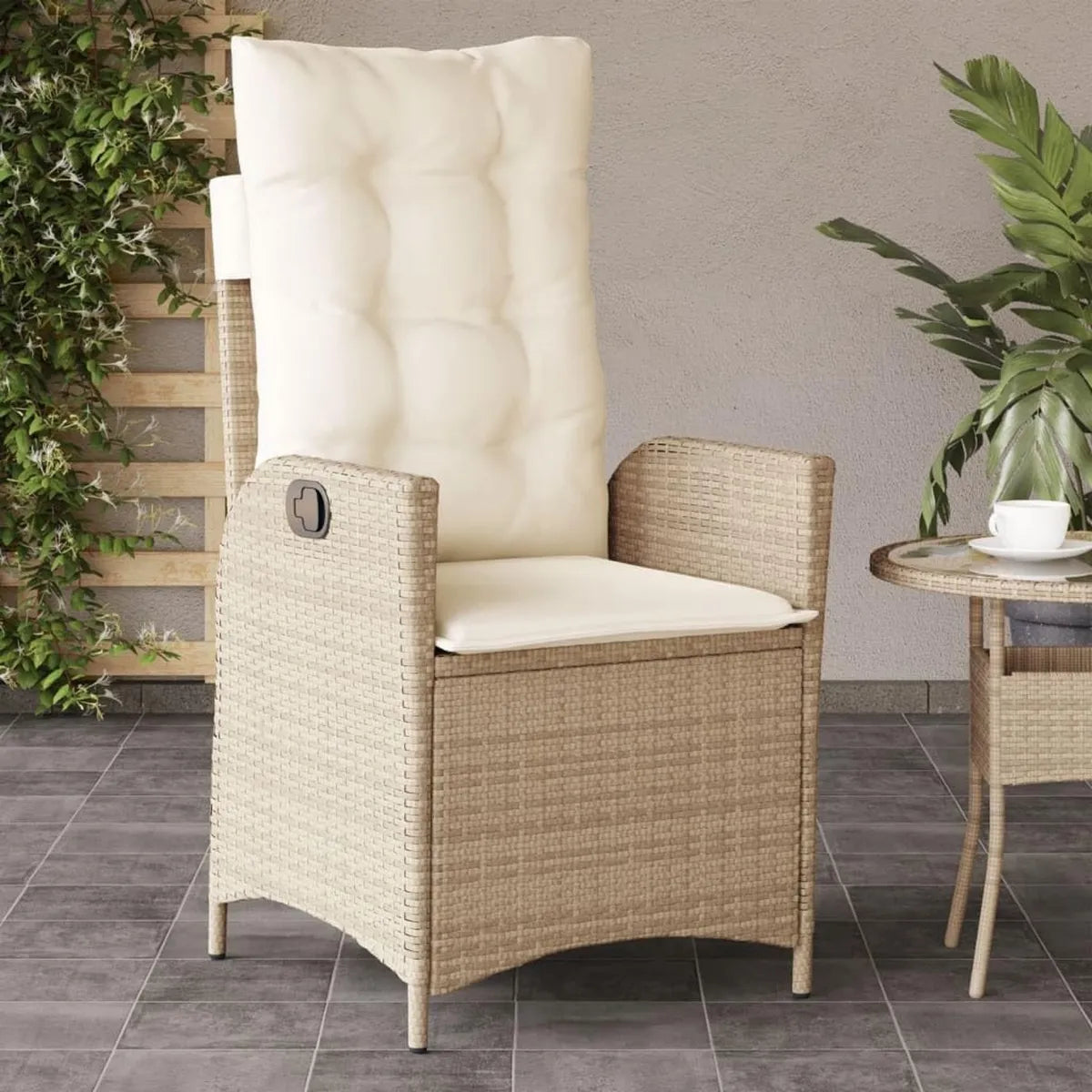 Silla Reclinable de Ratán para Exterior con Cojines, Muebles de Terraza UV Resistentes, Beige
