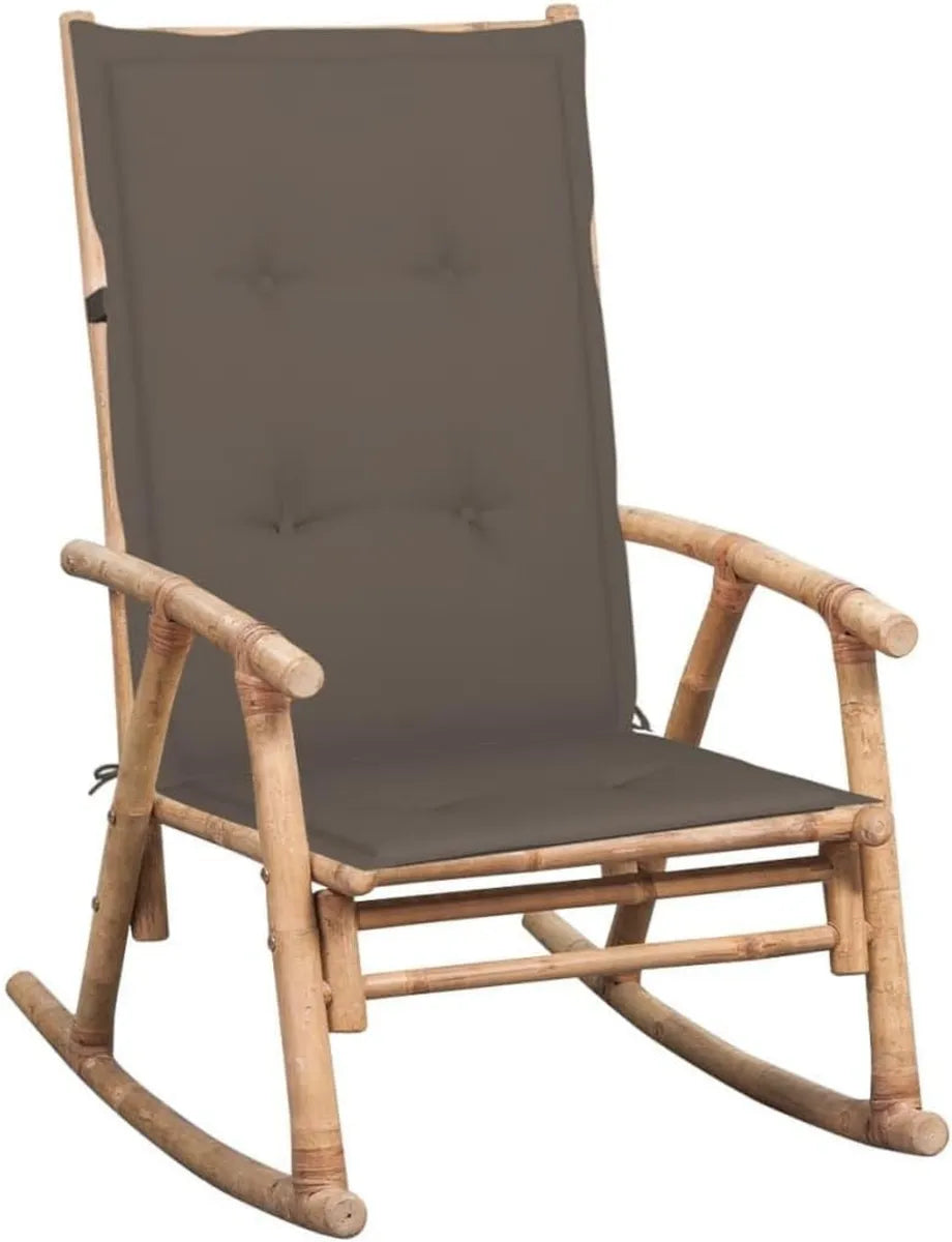 Silla mecedora de bambú con cojín, resistente al clima, para exteriores e interiores, 66x86x105 cm, color marrón
