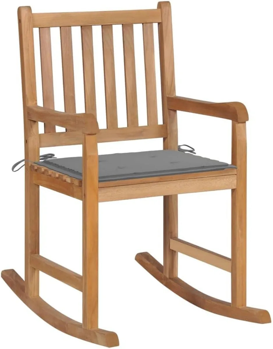 Sillón mecedora de teca resistente, con cojín gris para exteriores