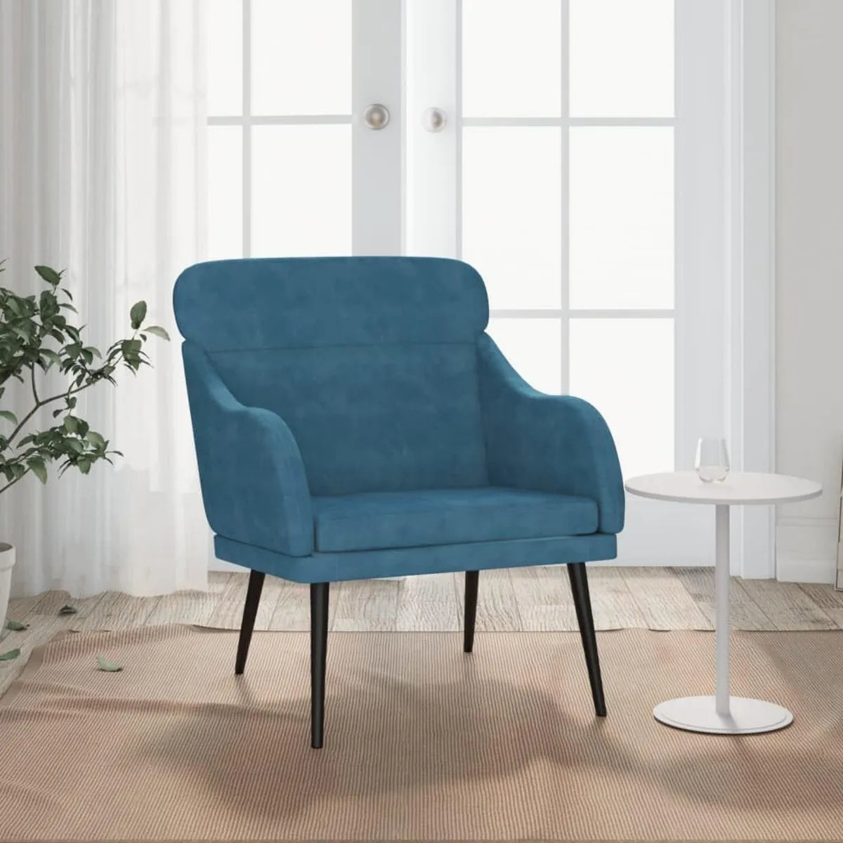 Sillón de terciopelo azul con estructura metálica, 63x76x80 cm, para jardín y balcón