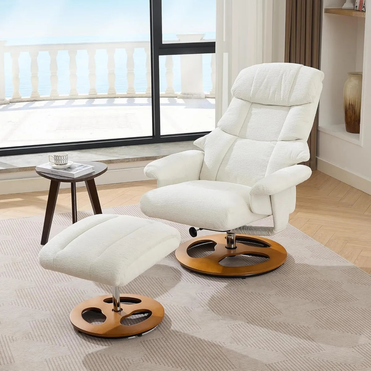 Sillón Reclinable Eléctrico con Masaje y Calefacción, 360° Giratorio, Chenilla, Blanco
