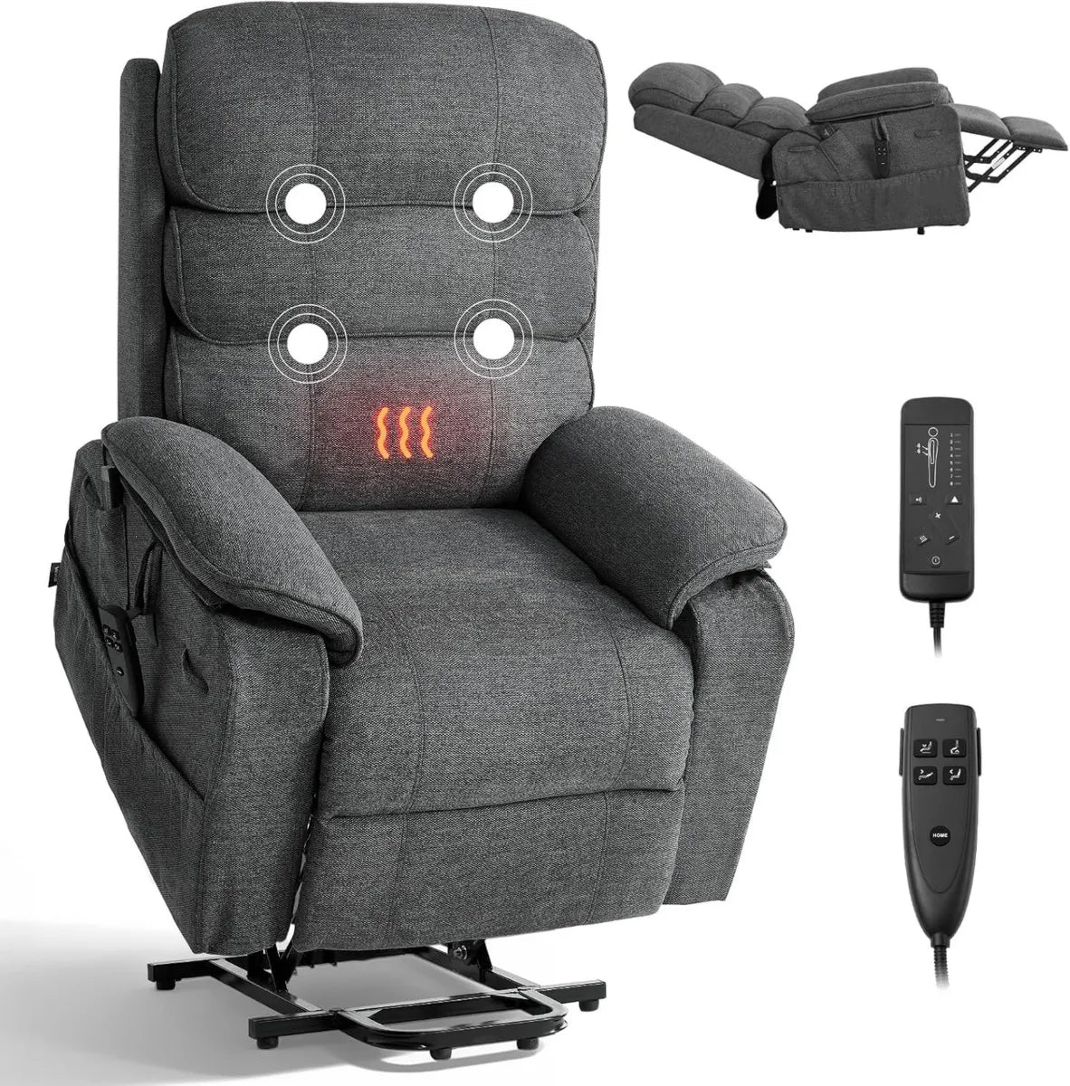 Sillón Reclinable Eléctrico con Masaje y Calefacción, Elevador de Personas, Bolsillos Laterales, Tela de Chenilla, Gris Oscuro