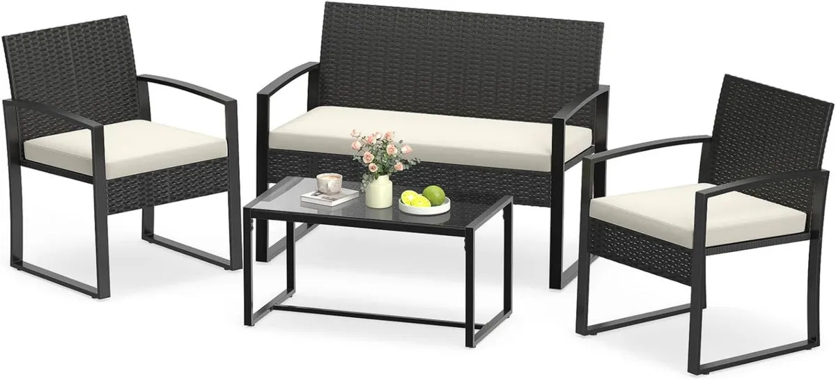 Set de Muebles de Jardín de Ratán PE, Sofá y Sillones con Mesa de Vidrio y Cojines para Terraza (Beige)