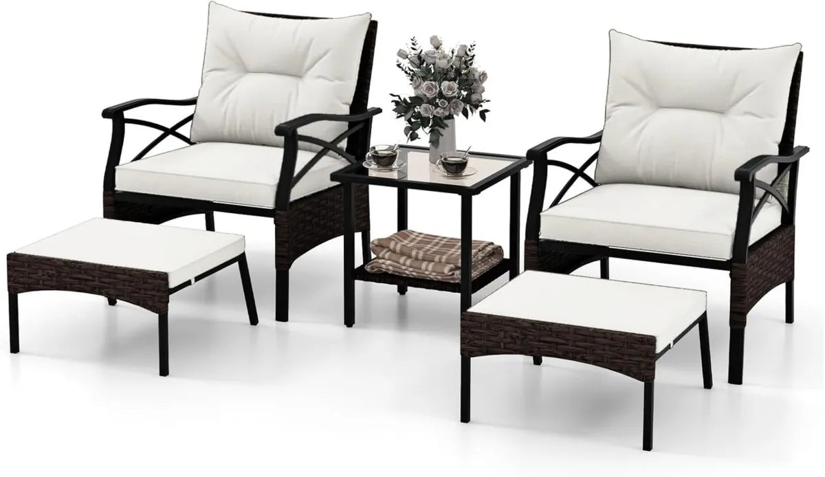 Juego de Muebles de Jardín 5 Piezas de Ratan PE con Cojines y Mesa de Cristal Beige
