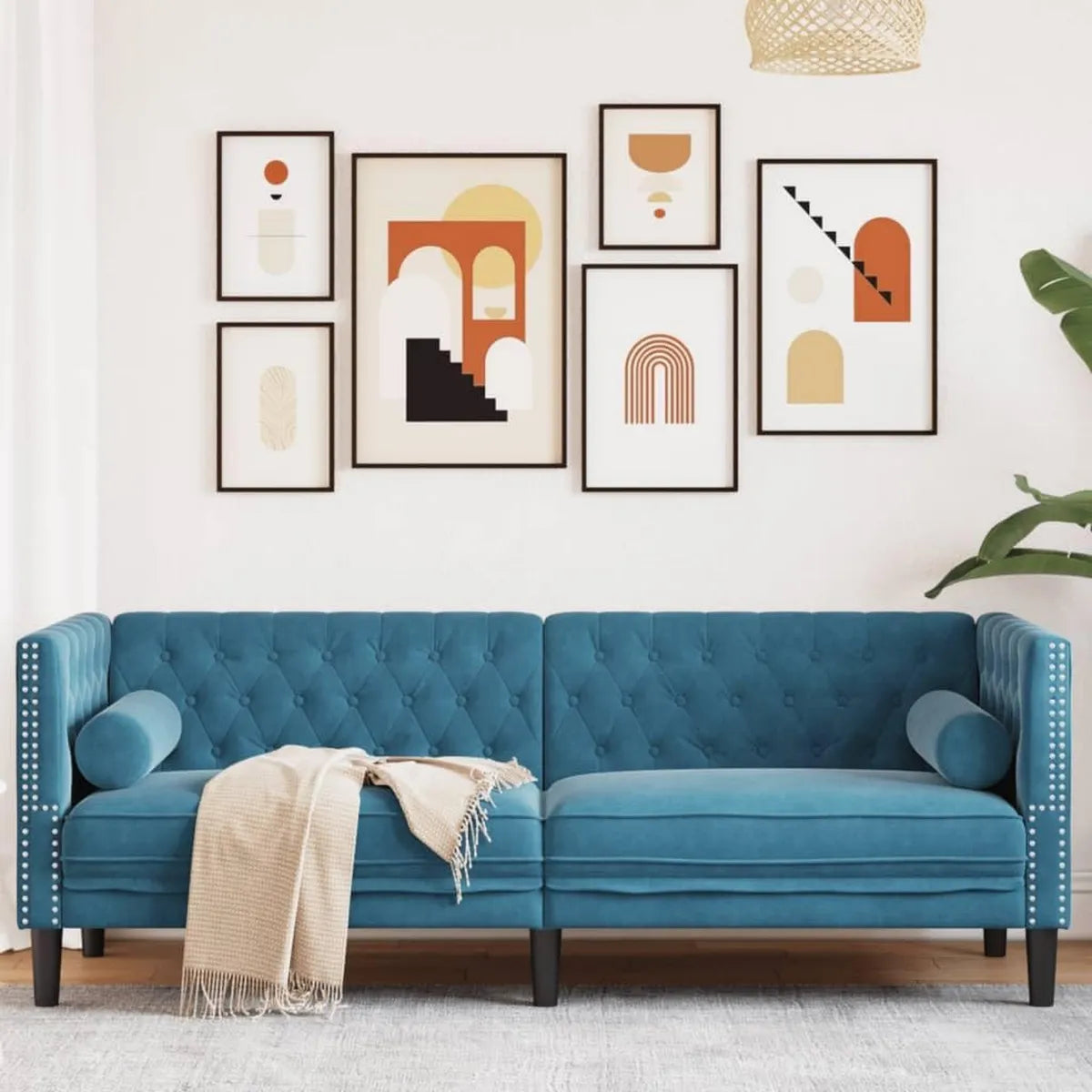 Sofá Chesterfield 3 plazas de terciopelo azul con ruedas, diseño lujoso y moderno