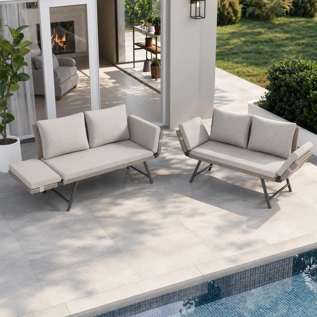 Conjunto de Sofás de Jardín de Ratán, 2 Plazas con Reposabrazos Ajustables, Convertible en Cama de Día, Beige