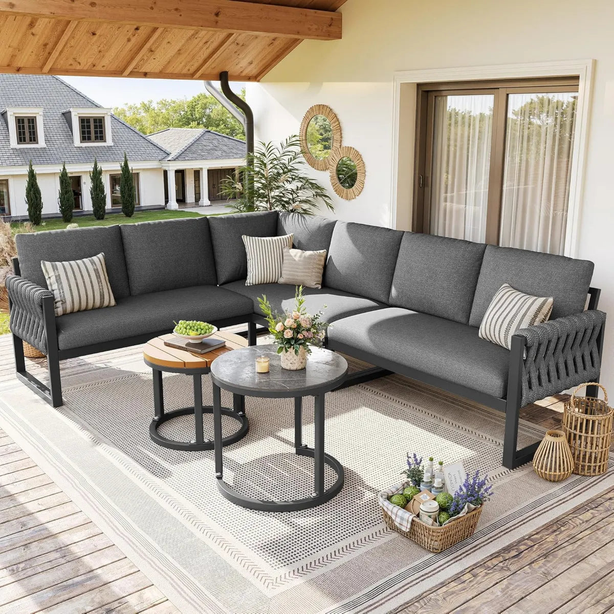 Conjunto de muebles de jardín modular para 5-6 personas con cojines impermeables y patas ajustables
