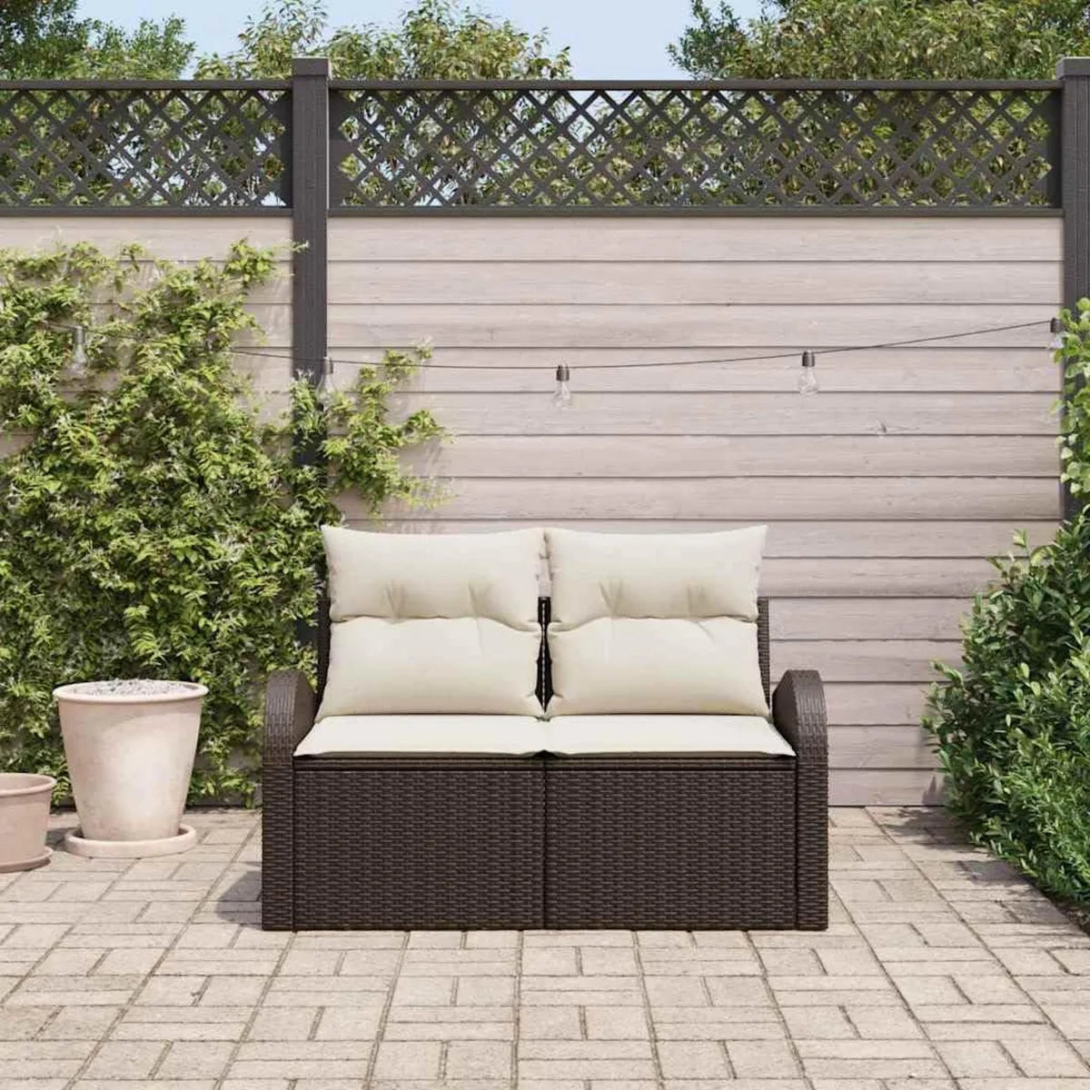Sofá de Jardín de Poliratán con Cojín Marrón, 124x62x69 cm, Ideal para Balcón y Terraza, Estilo Moderno con Estructura de Acero