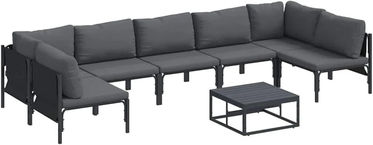 Conjunto de muebles de jardín negro moderno 8 piezas con cojines transpirables y diseño de secado rápido