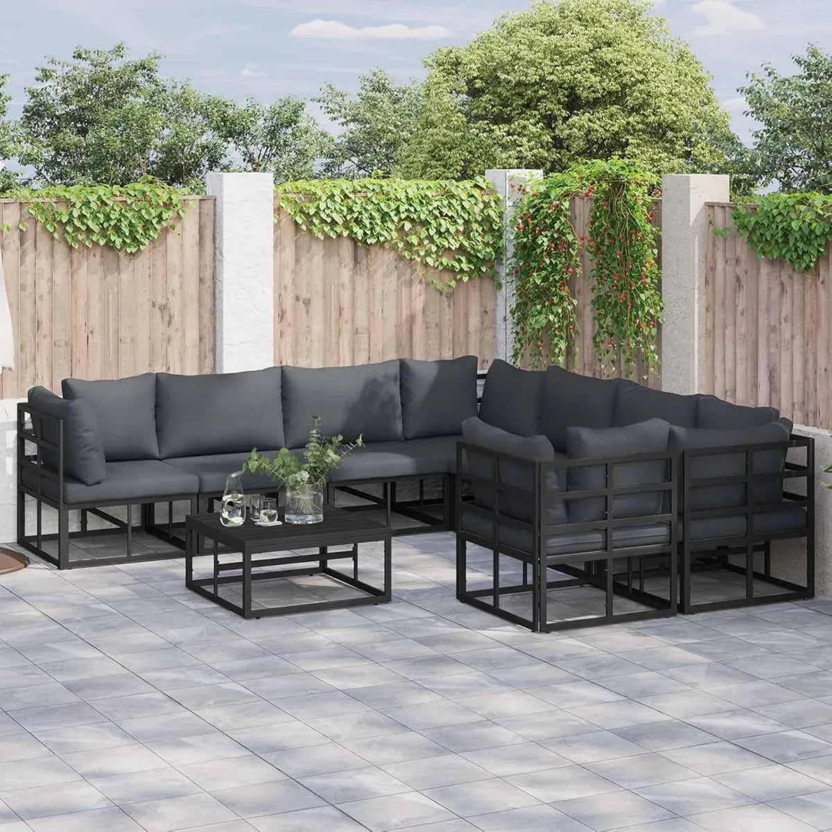 Conjunto Modular de Sofás de Jardín para Exterior, 9 Piezas, Acero Negro, Impermeable, con Cojines y Mesa, Diseño Moderno