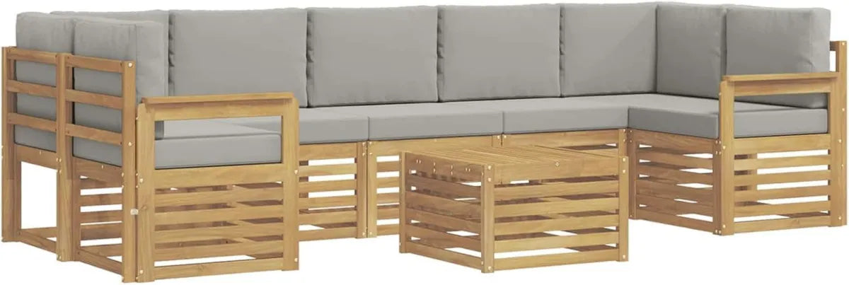 Conjunto de Sofás de Jardín 8 Piezas con Cojines, Poliéster Blanco y Gris, Muebles Modulares para Exterior