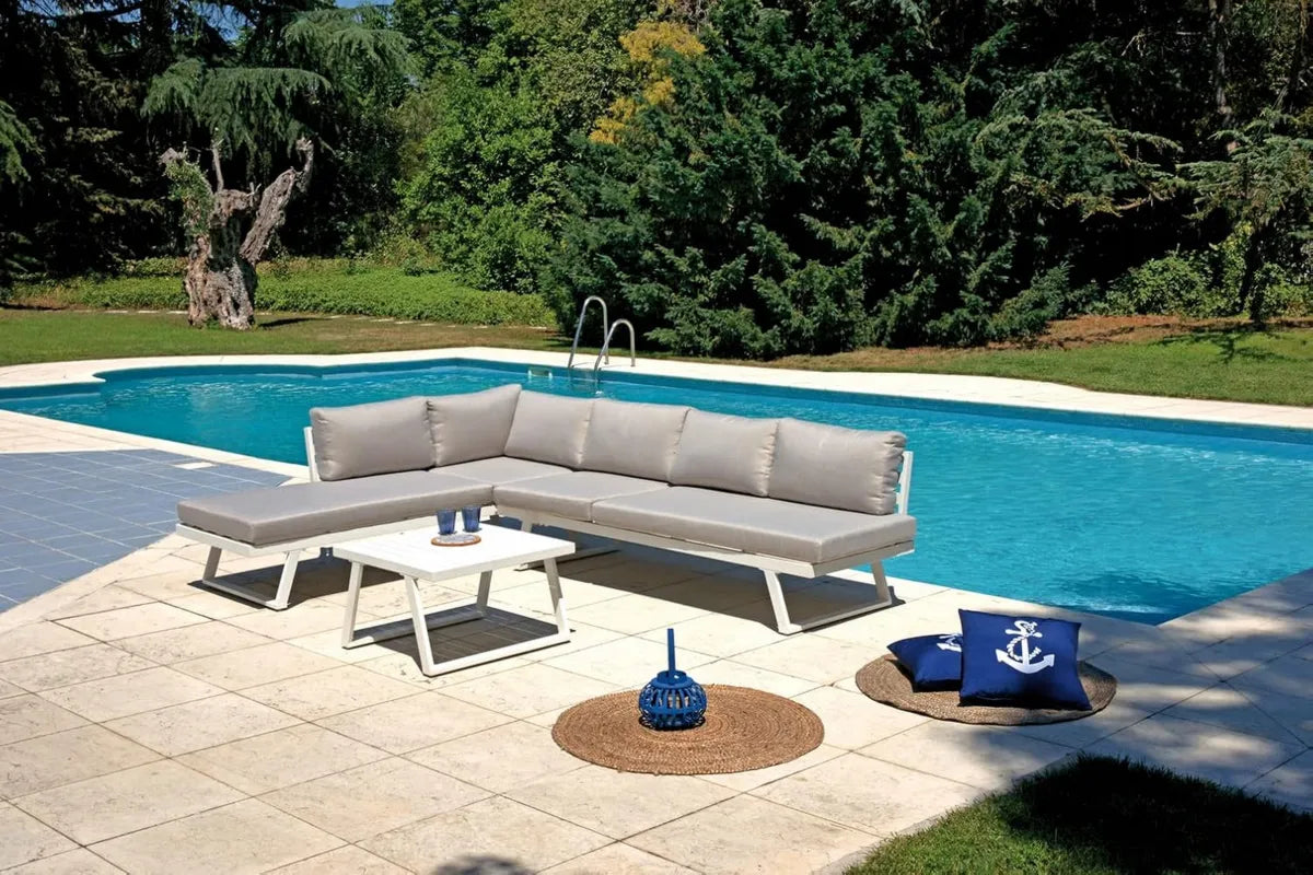 Conjunto de Jardín 6 Plazas Aluminio con Sofás Convertibles y Cojines Blancos