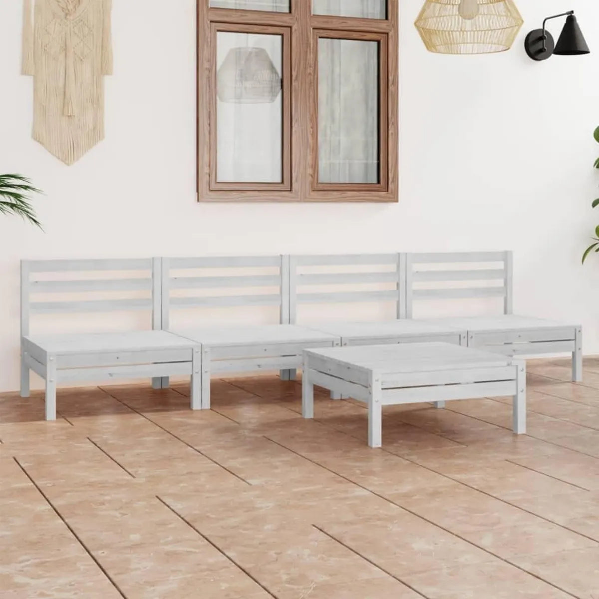Conjunto de Muebles de Jardín de Pino Blanco, 5 Piezas