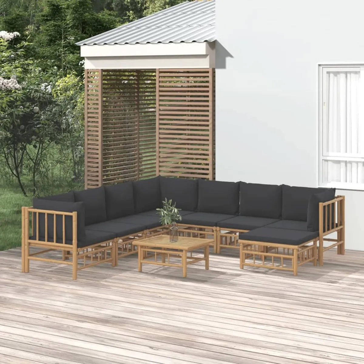 Conjunto de Jardín de 9 Piezas con Cojines de Bambú Gris Oscuro