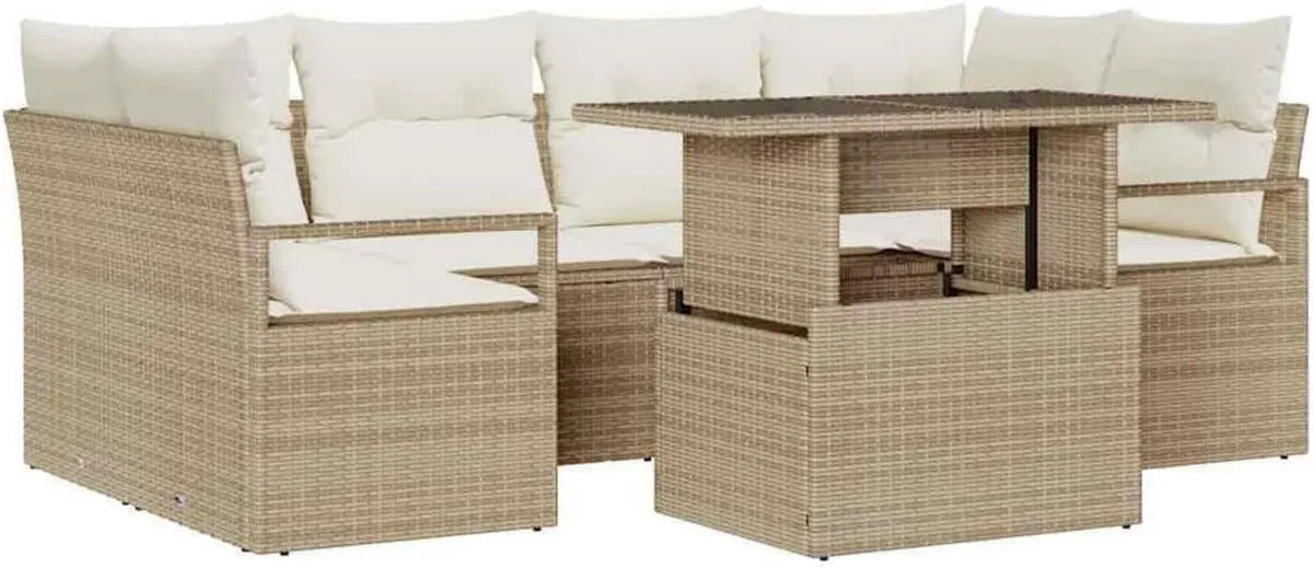 Conjunto de Sofá de Jardín 7 Piezas Beige Ratán Sintético, Mobiliario Exterior Moderno, Resistente al Clima