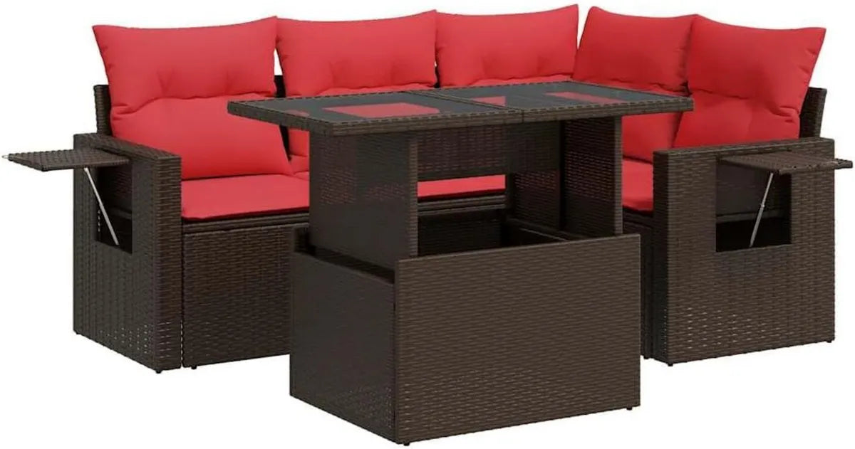 Conjunto de Sofás de Jardín 5 Piezas con Cojines, Ratán Sintético y Acacia Marrón