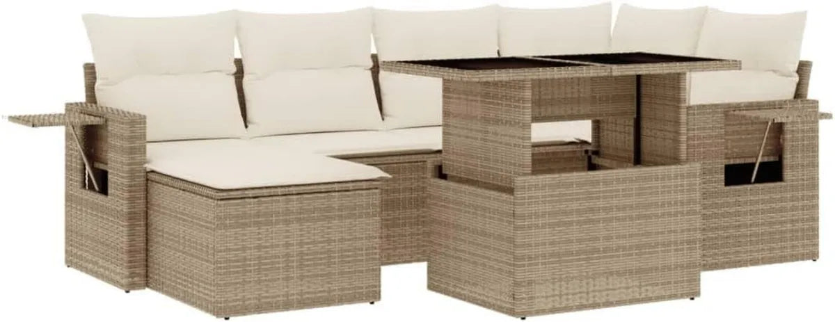 Conjunto de Sofás de Jardín 7 Piezas con Cojines en Ratán Sintético Beige