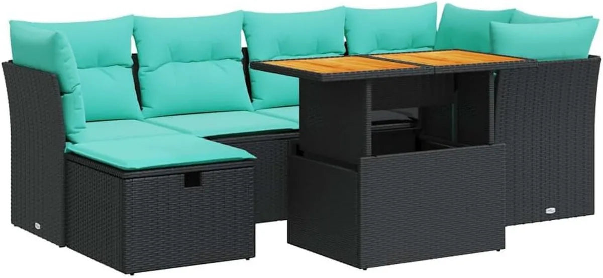 Conjunto de Sofá de Jardín 7 Piezas Marrón con Cojines, Ratán Sintético y Acacia