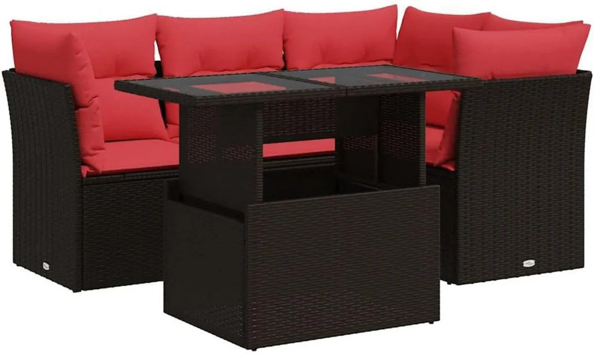 Conjunto de Sofás de Jardín de Ratan Sintético y Madera de Acacia con Cojines Marrones, 5 Piezas