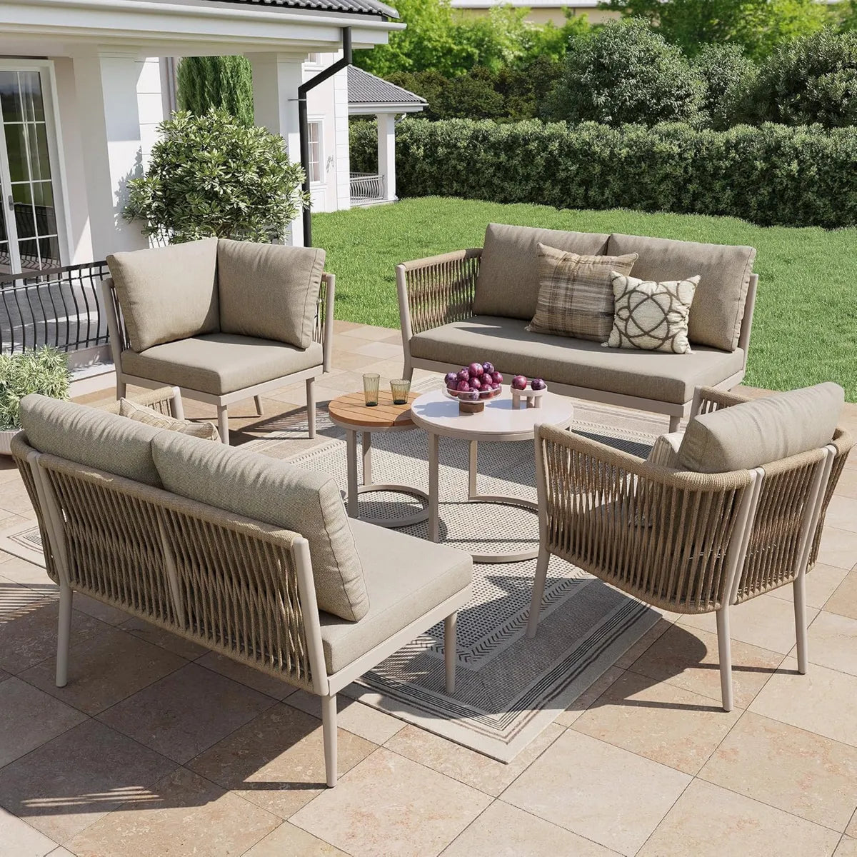 Conjunto de Sofá de Jardín Modular para 6 Personas, Muebles de Exterior en Ratán con Cojines Impermeables