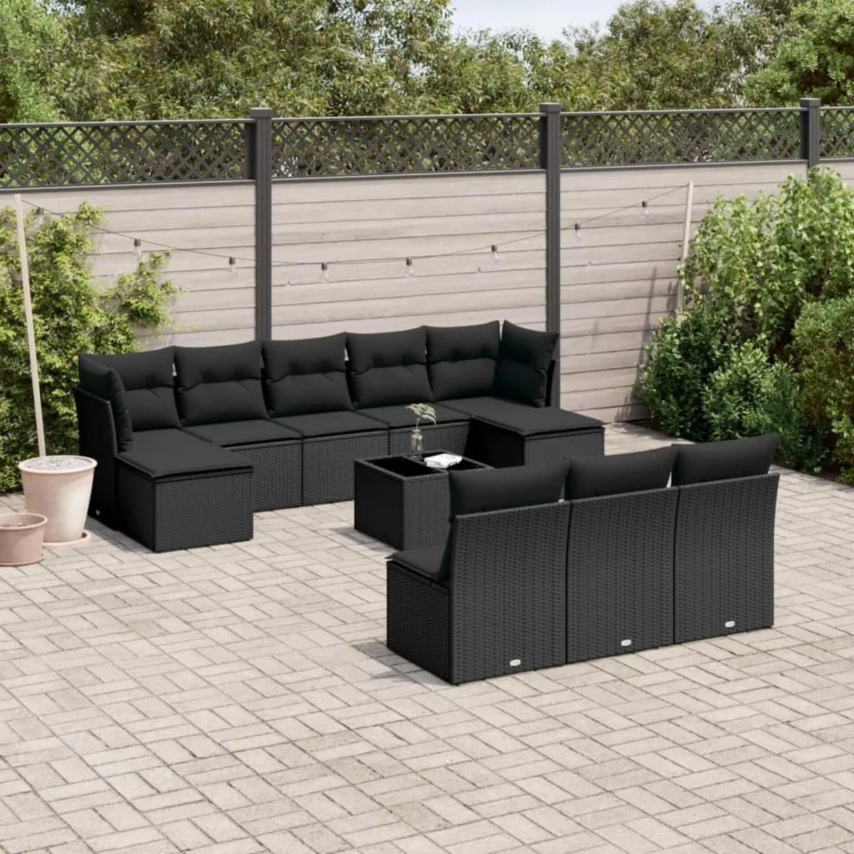 Conjunto Modular de Sofá de Jardín de 11 Piezas, Ratán Sintético, Cojines Negros, para Terraza y Balcón, Mobiliario Exterior