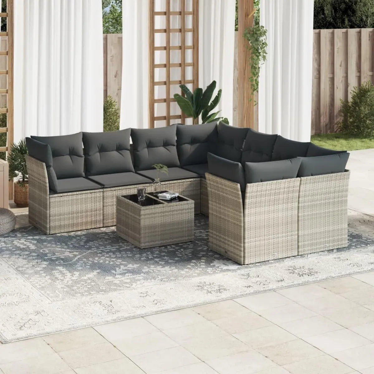 Conjunto de Sofá de Jardín Gris Claro de 9 Piezas, Muebles de Ratán para Exterior con Cojines, Resistente a UV