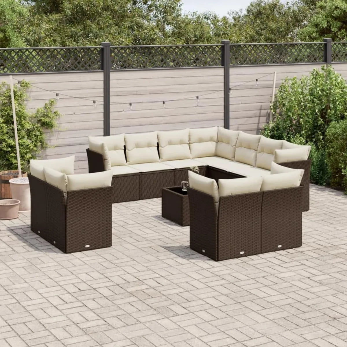 Conjunto de Sofá de Jardín de Ratán 12 Piezas, Cojines Marrones, Muebles Modulares para Terraza y Balcón, Resistente a Rayos UV