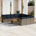 Conjunto de Sofá de Jardín Modular de Ratán Sintético Gris con Almacenamiento y Mesa de Madera de Acacia, Resistente a UV