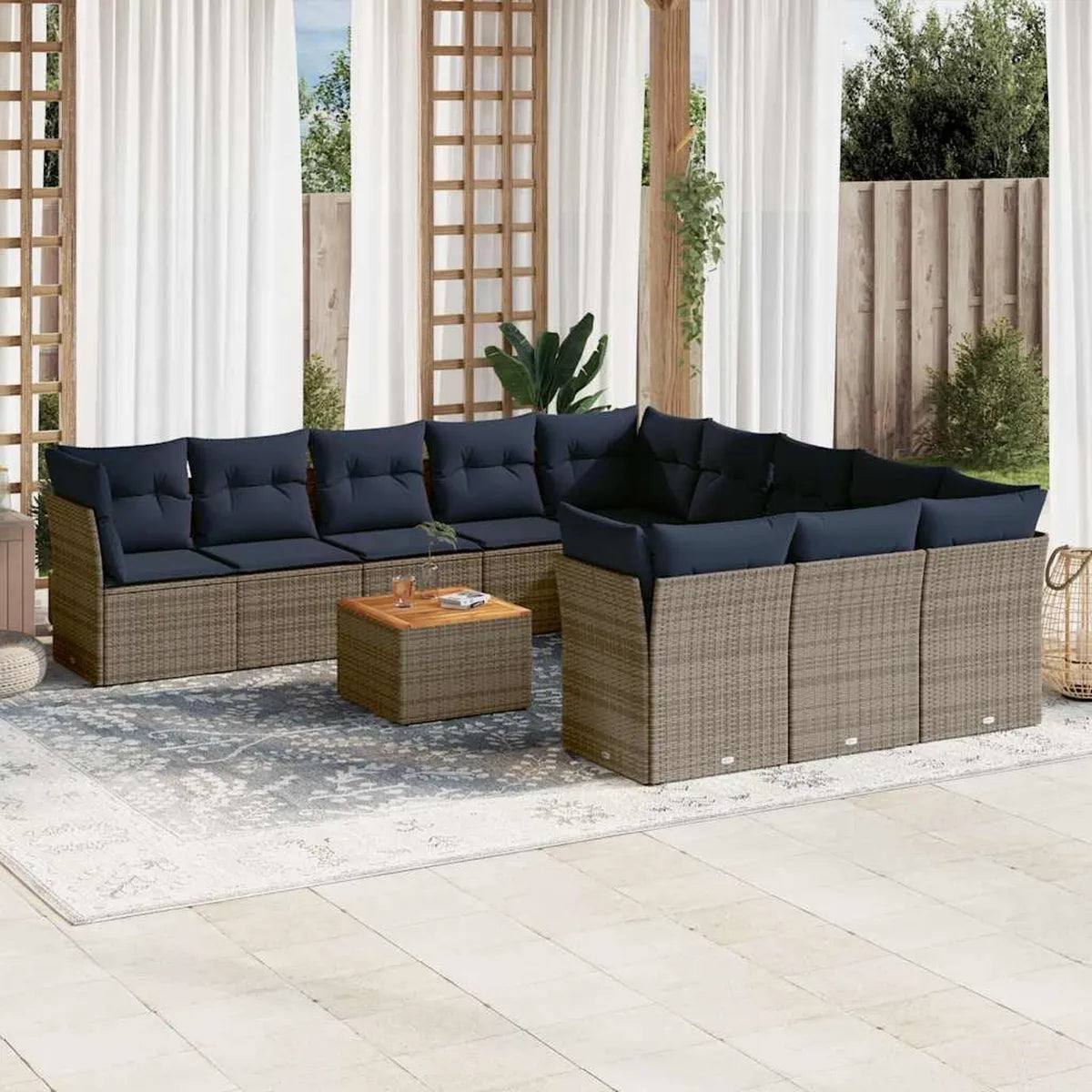 Conjunto de Sofá de Jardín Modular de Ratán Sintético Gris con Almacenamiento y Mesa de Madera de Acacia, Resistente a UV