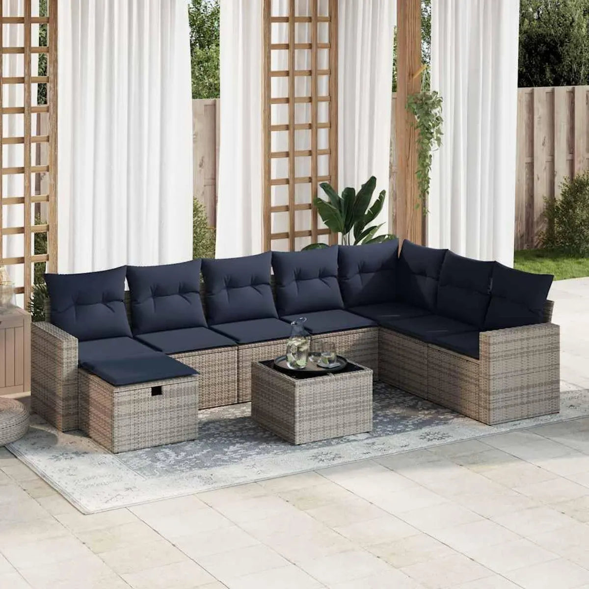 Set de Muebles de Jardín de Ratán Sintético Gris con Almacenaje, Resistente al Agua, para Terraza y Balcón