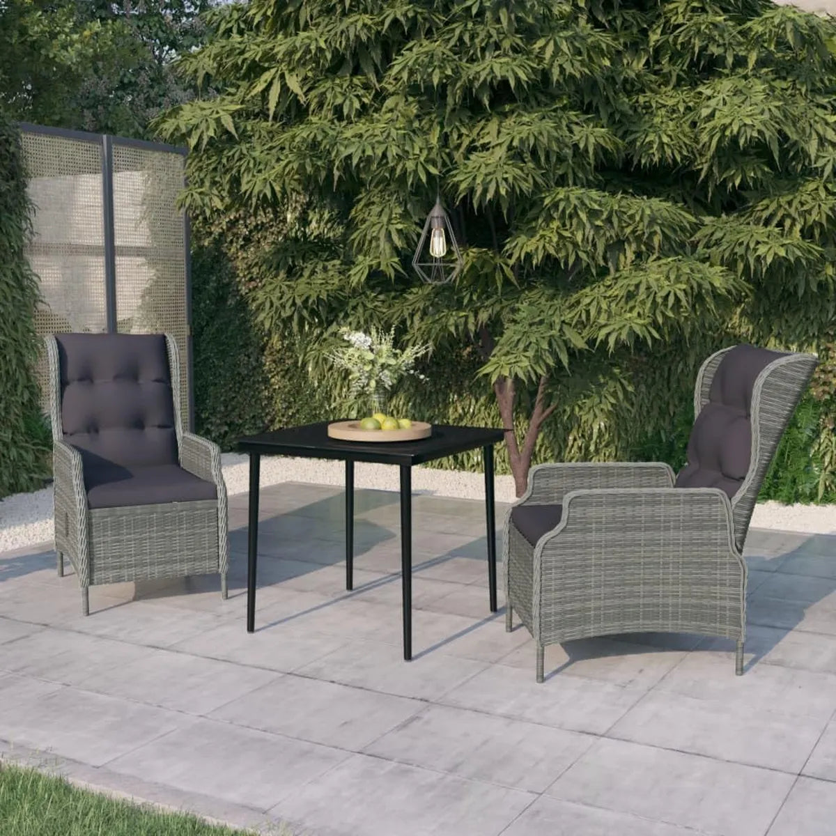 Conjunto de Comedor de Ratán para Exterior de 3 Piezas con Sillas Ajustables y Mesa de Cristal, Mobiliario de Jardín o Balcón Gris Claro