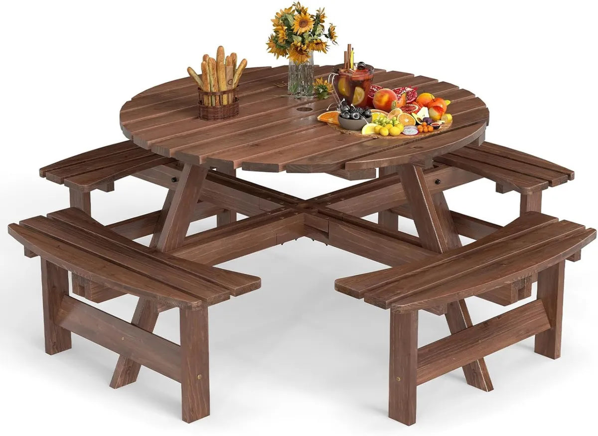Conjunto de Mesa de Picnic de Madera con Sombrilla para Jardín, Capacidad para 8 Personas, Marrón