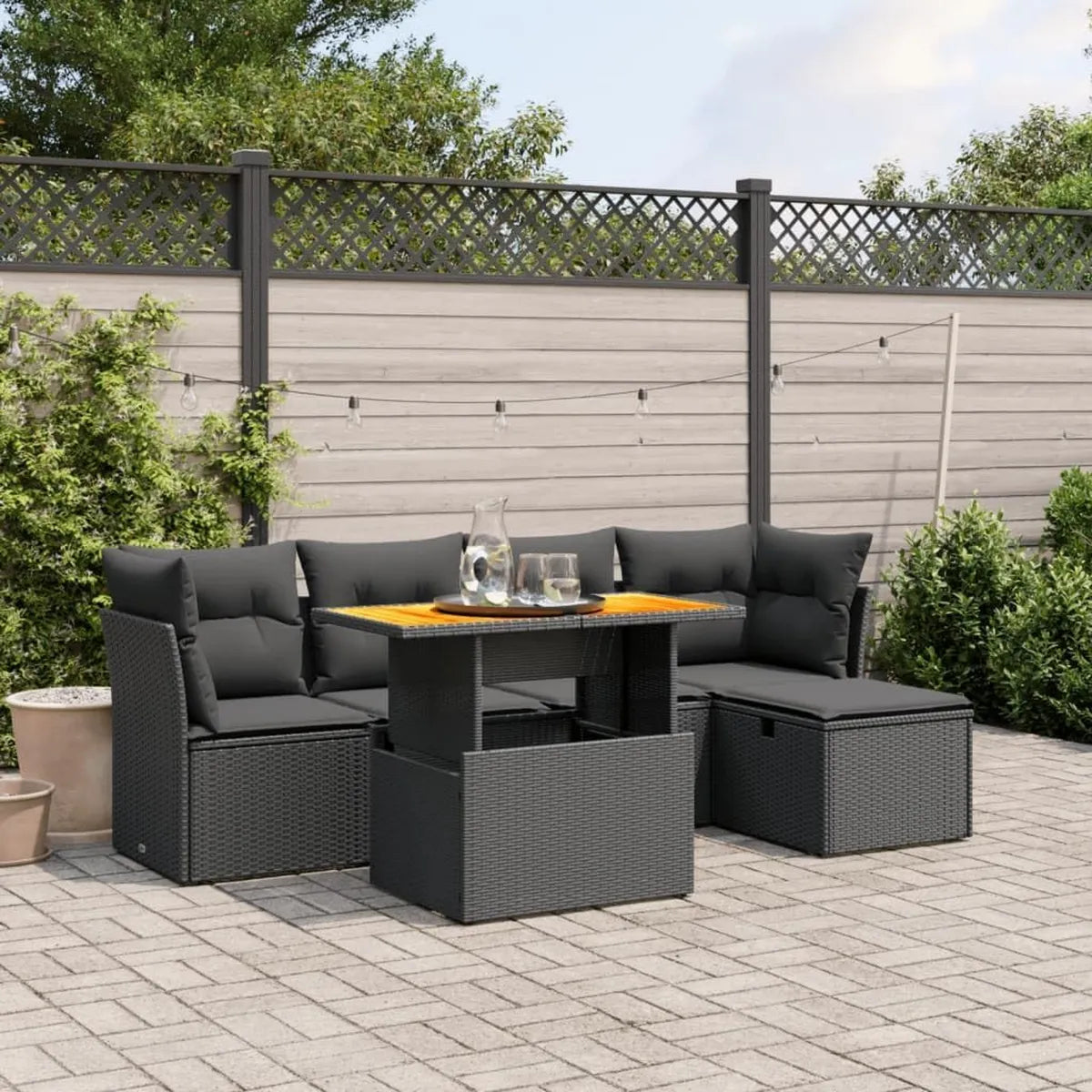 Set de Sofá de Jardín Modular de 6 Piezas con Cojines Negros de Ratán Sintético