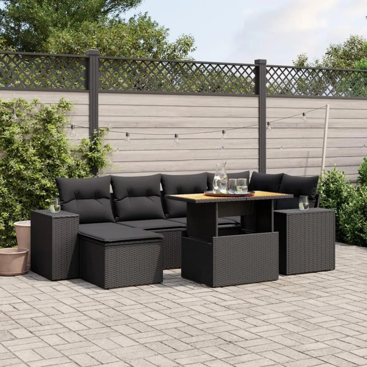 Conjunto de Sofás de Jardín Modular de 7 Piezas en Polirratán Negro con Cojines para Exterior